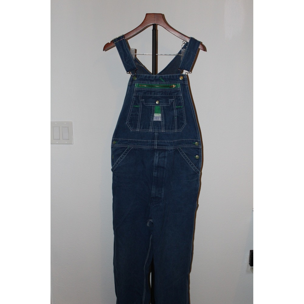 VTG Liberty Denim Bib Overalls Blue Green Zipper Pocket Workwear Straight Leg 34